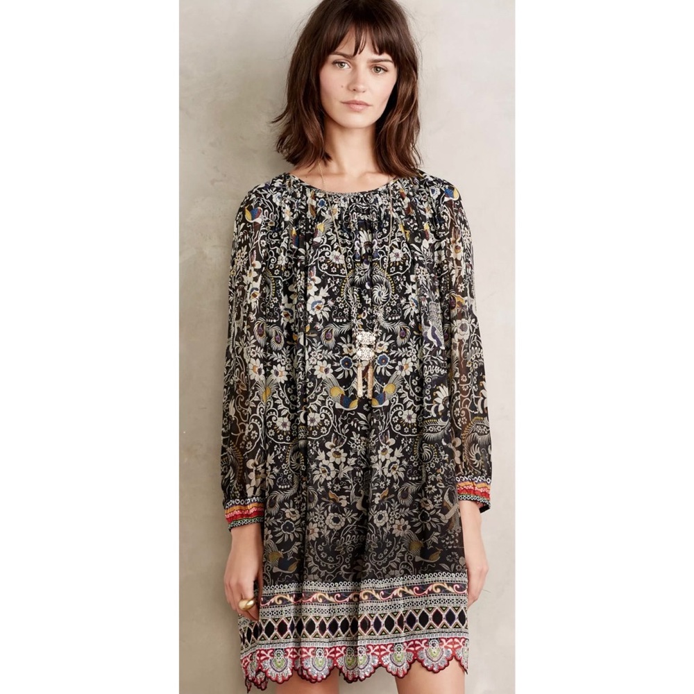 Anthropologie Tanvi Kedia Boho Floral Embellished Volary Swing Dress Size XS